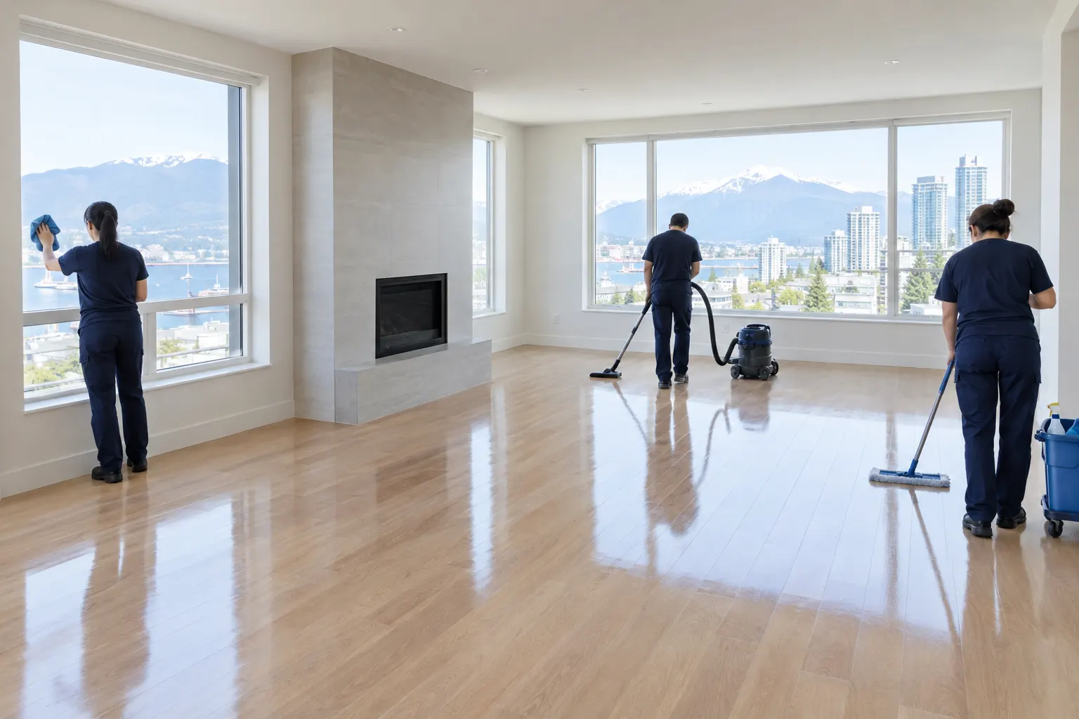 The same living room spotless after post-construction cleaning