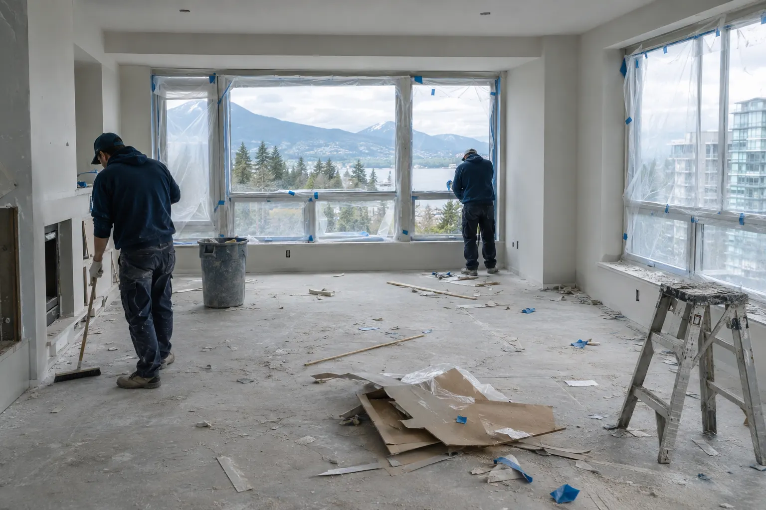 New living room covered in construction dust and debris before cleaning