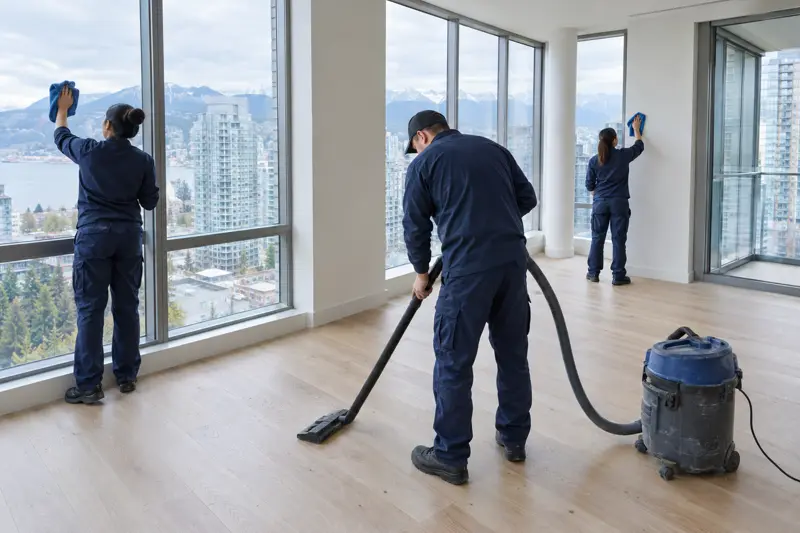 Cleaning crew wiping windows and vacuuming in a new condo