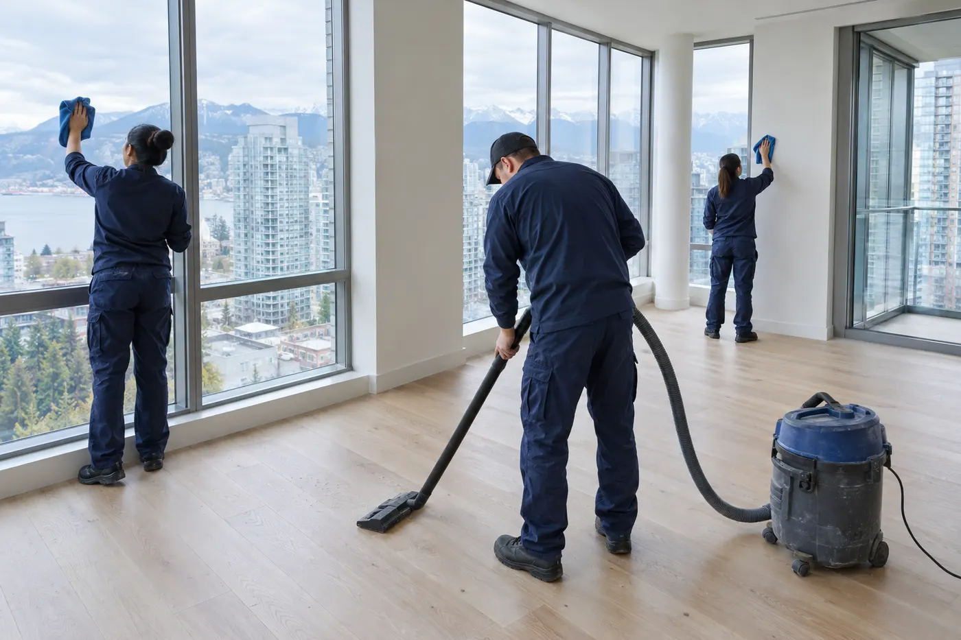 Cleaning crew doing a final clean in a new condo before handover