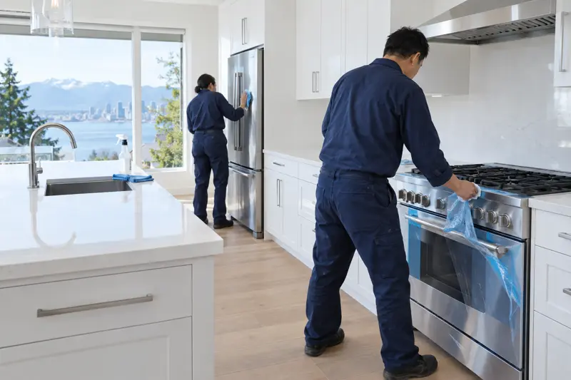 Worker cleaning a new stainless steel kitchen