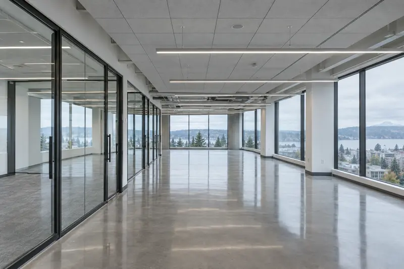 Clean open-plan office with glass partitions