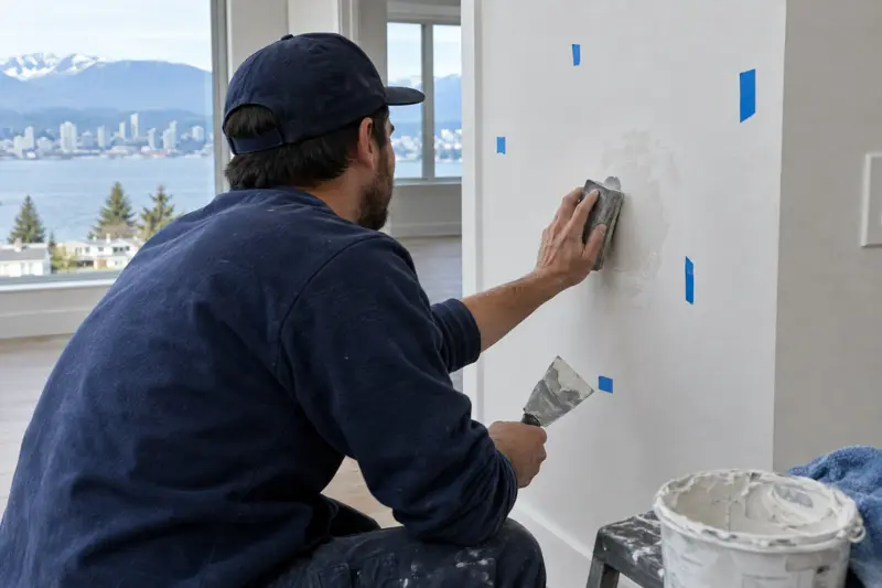 Tradesperson patching and sanding a drywall repair
