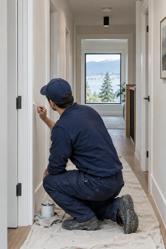 Tradesperson touching up paint on door trim