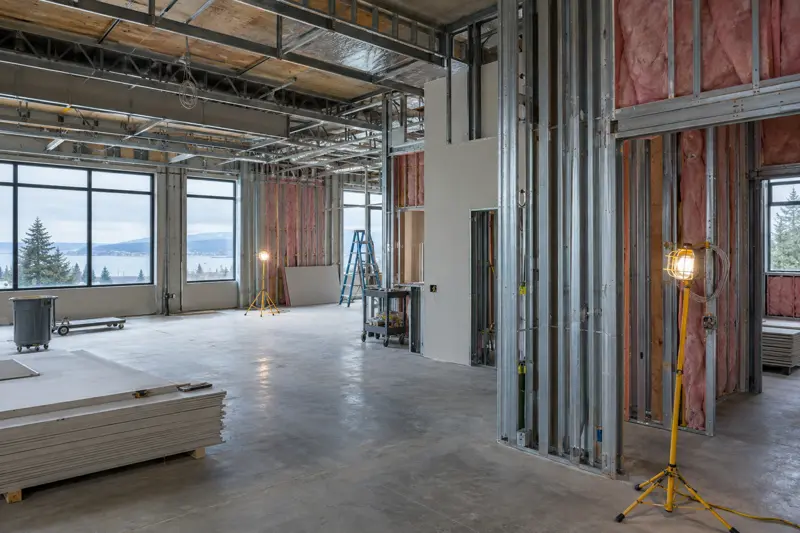 Commercial interior with steel stud framing and insulation