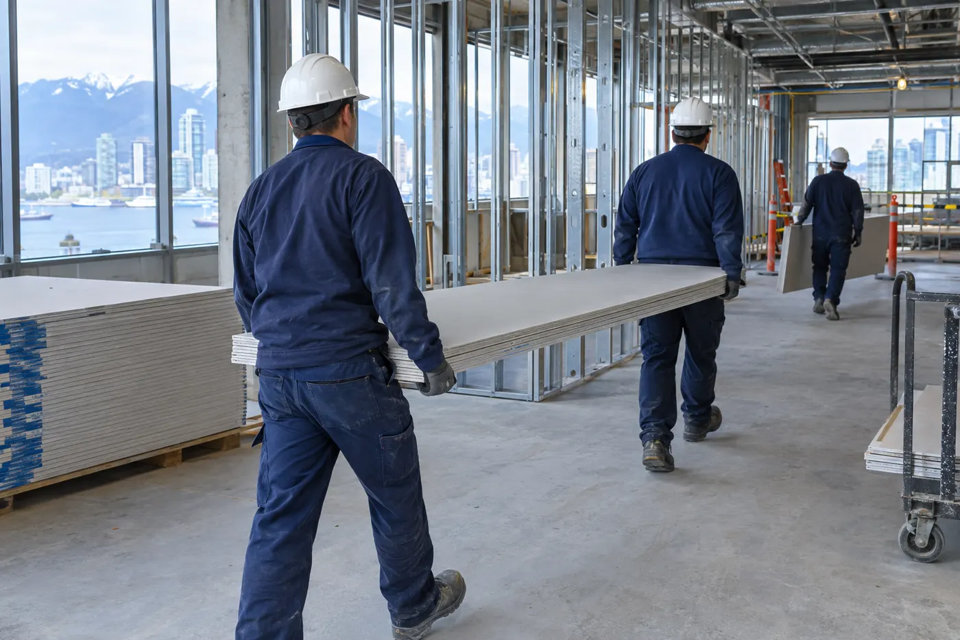 Labourers carrying drywall sheets across a commercial construction site