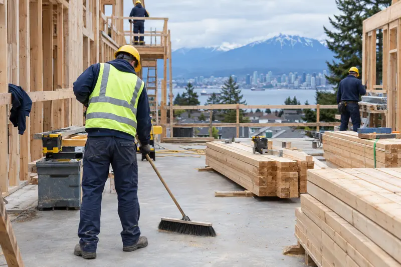 Labourer sweeping and organizing materials on a residential site