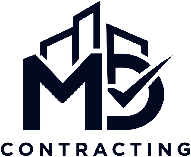 MD Contracting logo: a building outline with a check mark