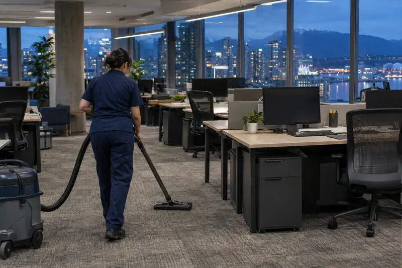 Cleaner vacuuming an open-plan office in the evening