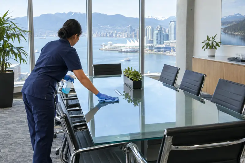 Cleaner disinfecting a glass conference table